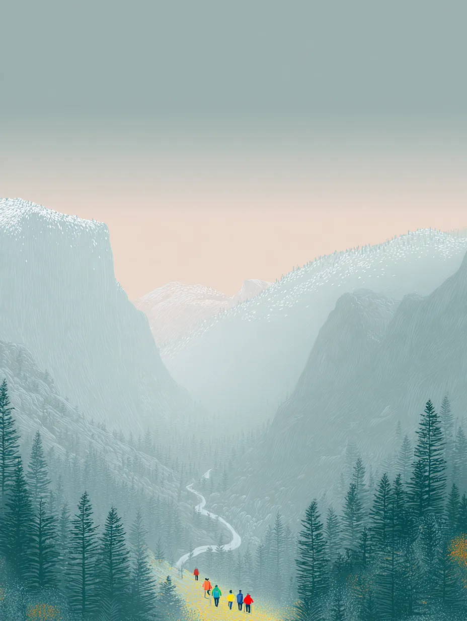A misty Canadian valley with hikers walking through wildflowers toward distant mountains