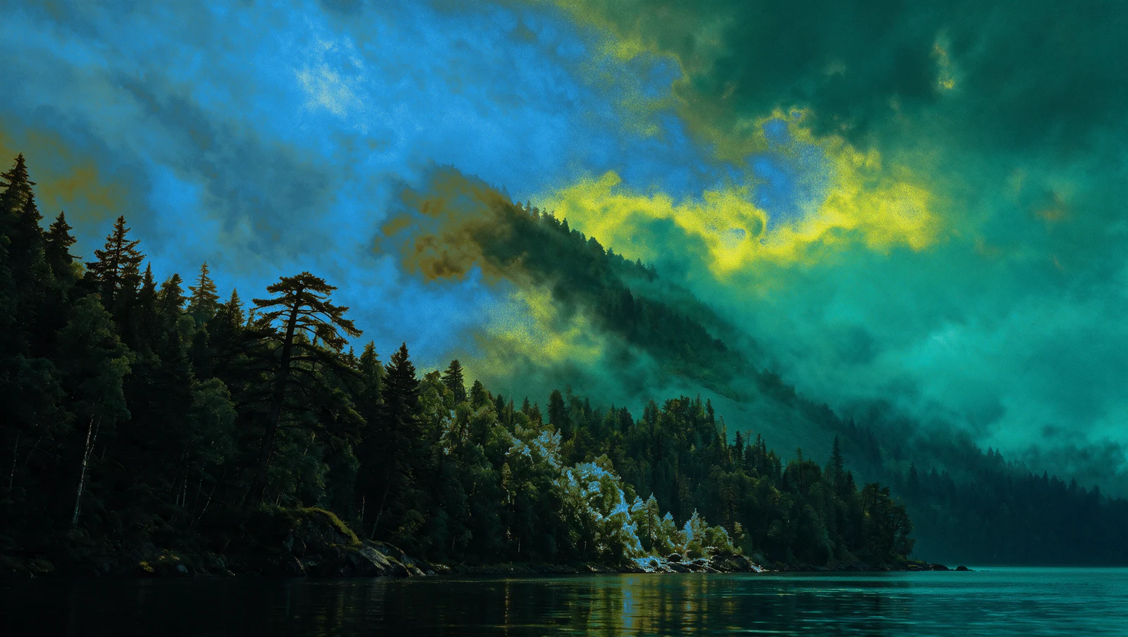 A forested mountain rising above a still lake through blue and green clouds.