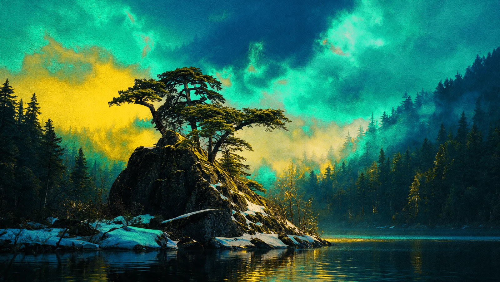 A lone pine on a rocky island beneath a teal and golden sky.