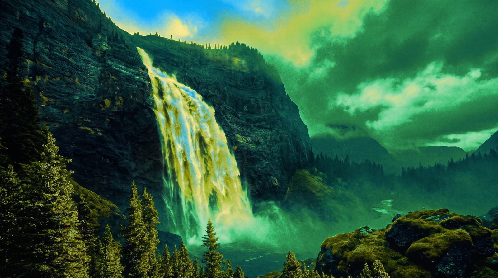 A waterfall cascading over a forested cliff into a misty valley.