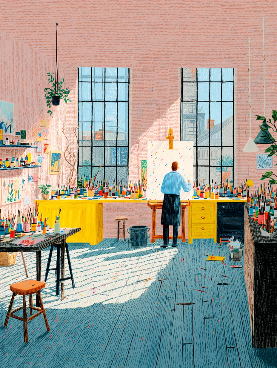 A pink-walled artist's studio with a painter at an easel between two tall industrial windows
