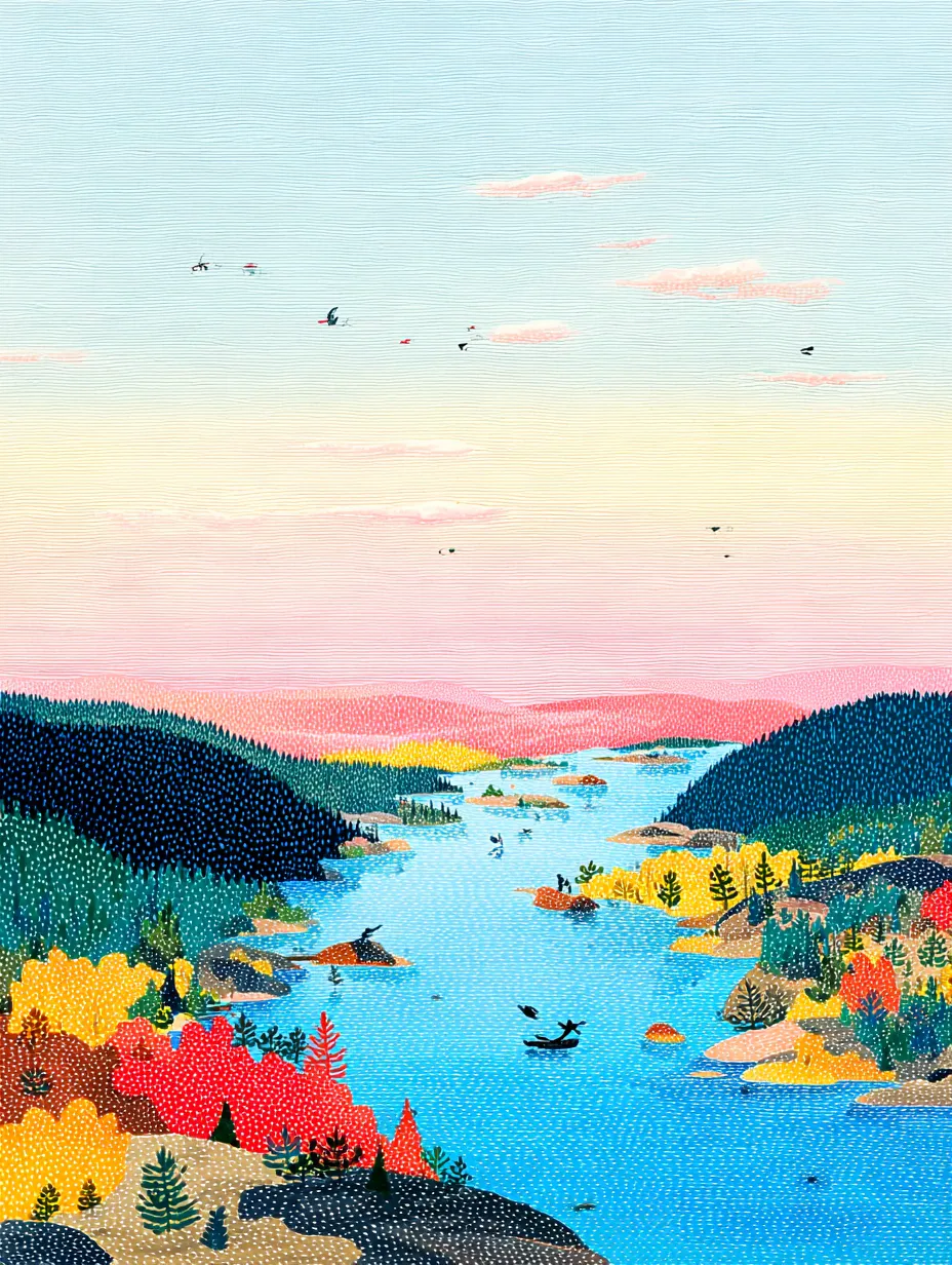 An illustrated aerial view of a Canadian Shield waterway in autumn — a lone canoe on blue water winding between dotted hills of red, gold, and evergreen under a pink dawn sky